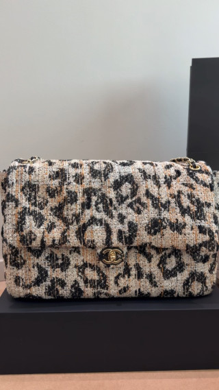 Chanel Classic Flap Leopard Tweed Shoulder Bag Beige Black