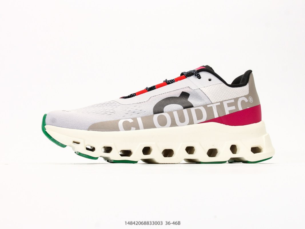 On Cloudmonster White Black Red Green Running Shoe view