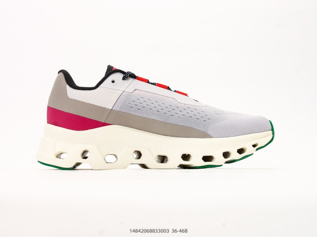 On Cloudmonster White Black Red Green Running Shoe view