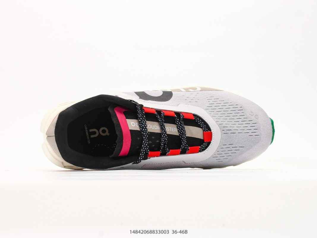 On Cloudmonster White Black Red Green Running Shoe view