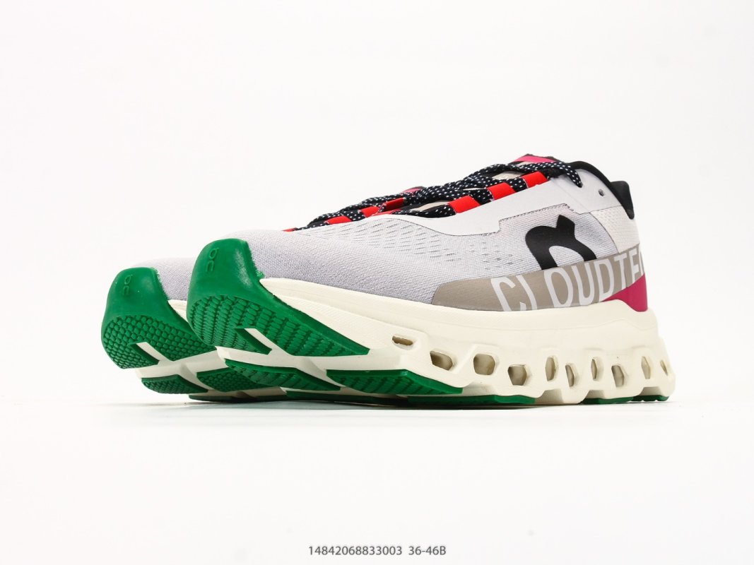 On Cloudmonster White Black Red Green Running Shoe view