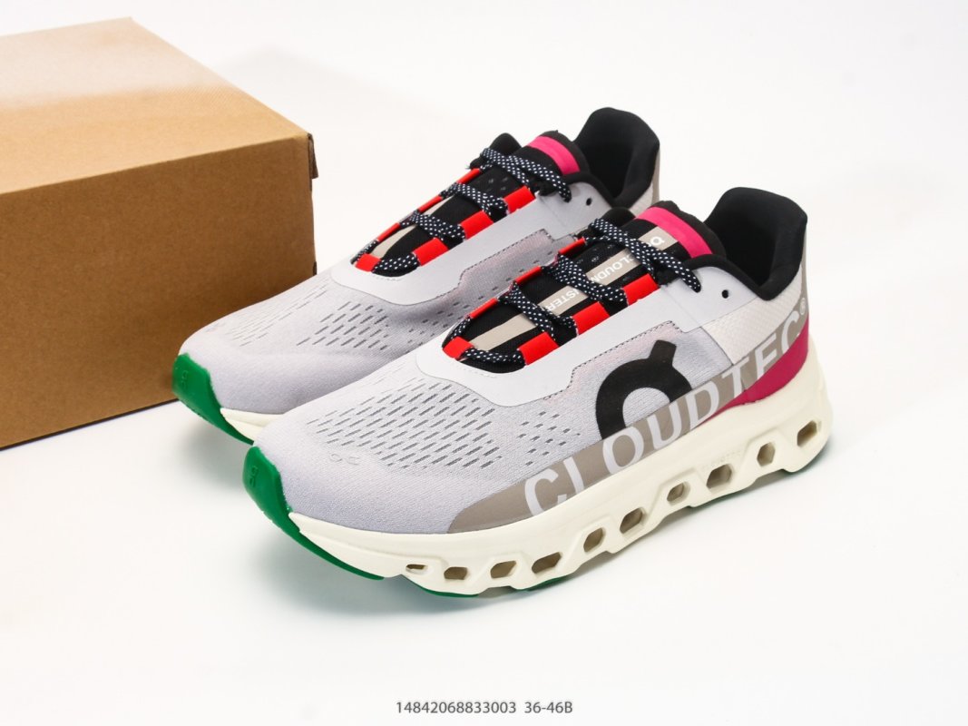 On Cloudmonster White Black Red Green Running Shoe view