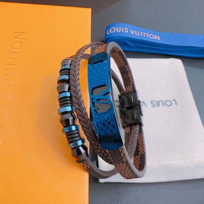 LV Monogram Leather Bracelet Set Blue Brown Adjustable