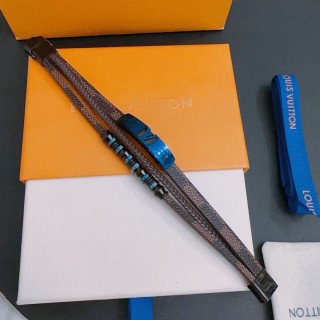 LV Monogram Leather Bracelet Set Blue Brown Adjustable view 2