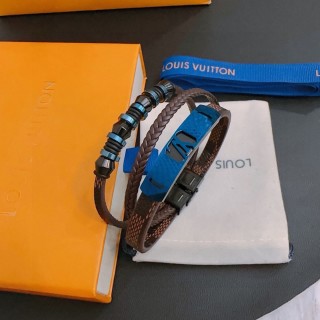 LV Monogram Leather Bracelet Set Blue Brown Adjustable view 3