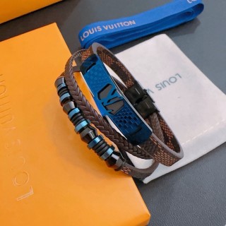 LV Monogram Leather Bracelet Set Blue Brown Adjustable view 5
