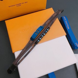 LV Monogram Leather Bracelet Set Blue Brown Adjustable view 6