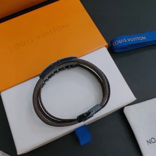 LV Monogram Leather Bracelet Set Blue Brown Adjustable view 8