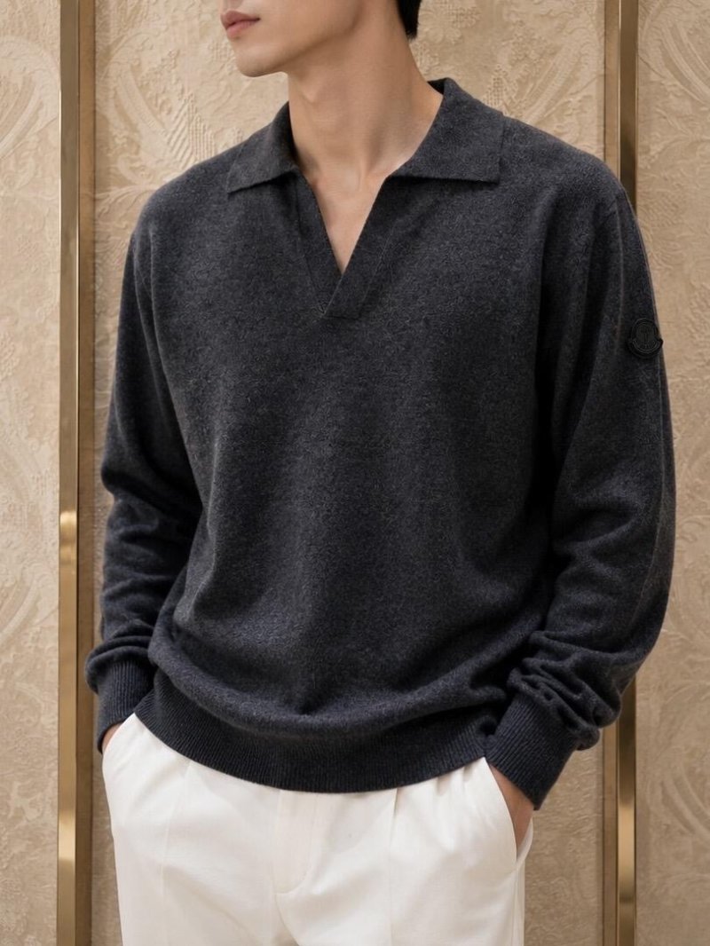 Moncler Sleeve Badge V-Neck Wool Knit Polo Sweater Charcoal view