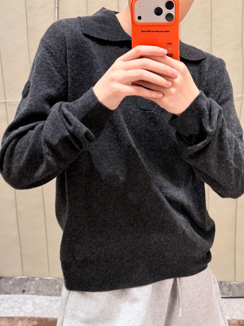 Moncler Sleeve Badge V-Neck Wool Knit Polo Sweater Charcoal view