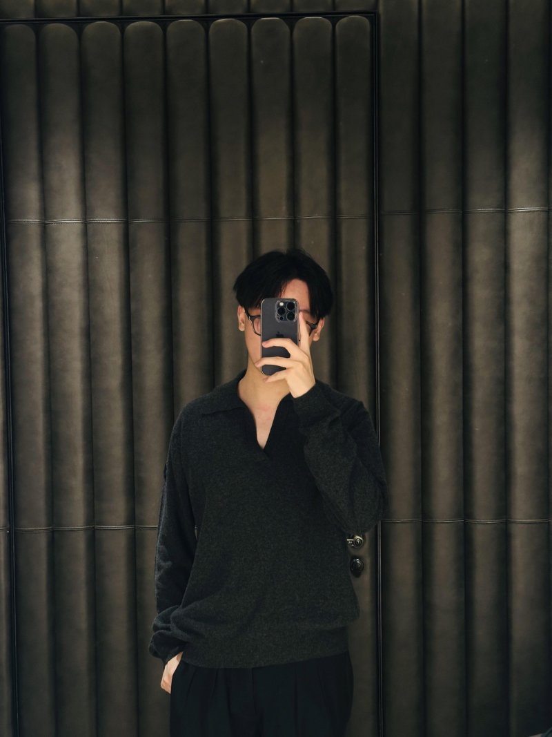 Moncler Sleeve Badge V-Neck Wool Knit Polo Sweater Charcoal view
