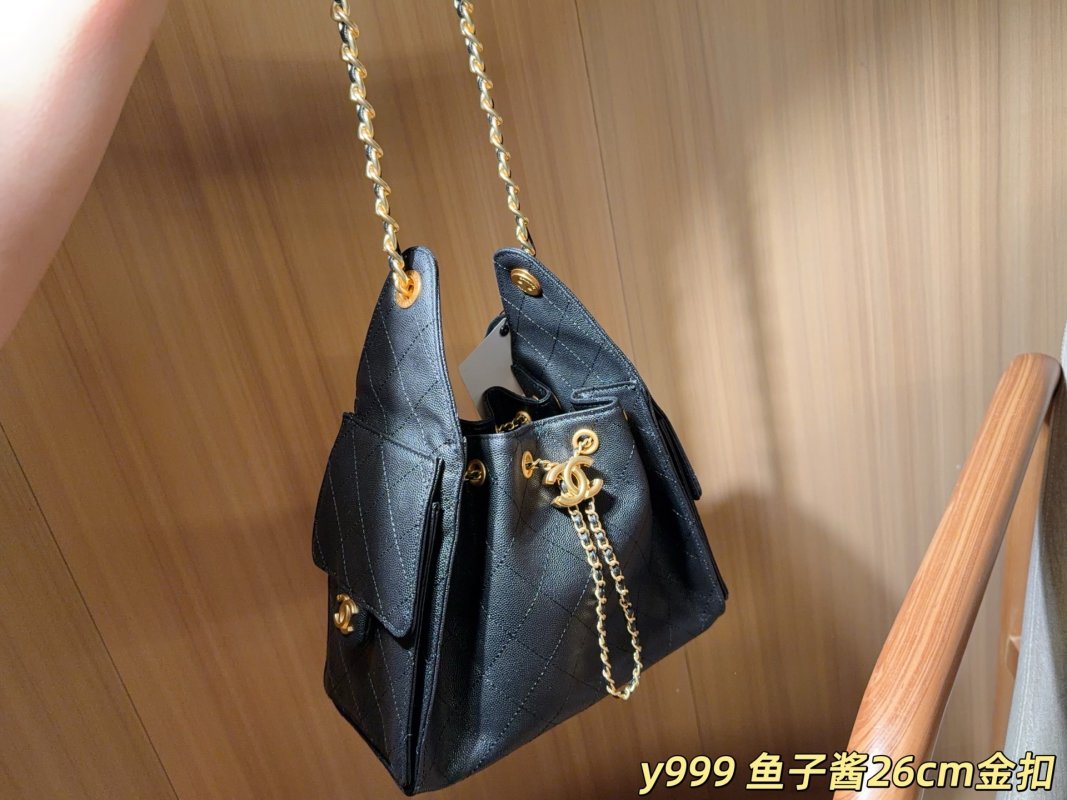 Chanel 25C Caviar Hobo Bucket Bag Black Gold Chain view