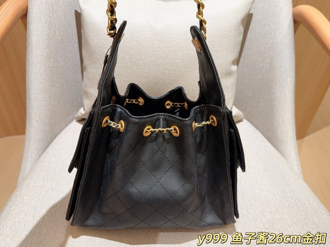 Chanel 25C Caviar Hobo Bucket Bag Black Gold Chain view