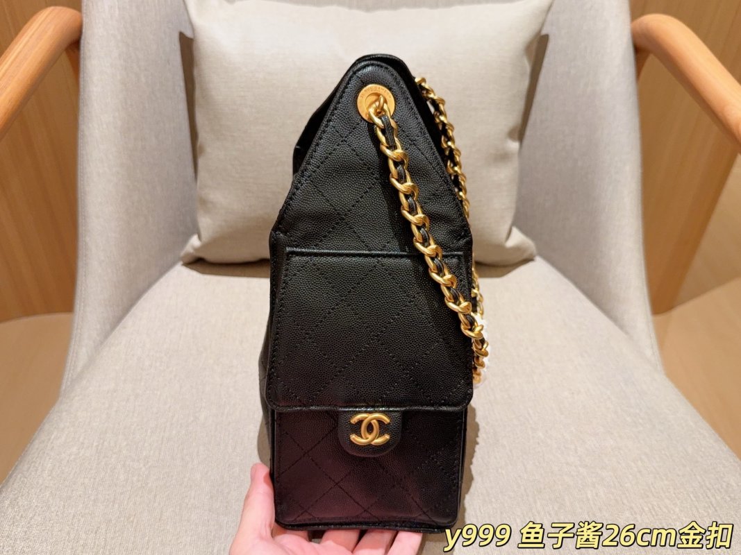 Chanel 25C Caviar Hobo Bucket Bag Black Gold Chain view