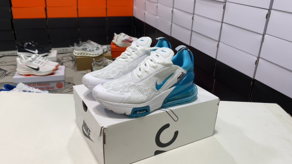 Nike Air Max 270 Flyknit White Blue Cushioned Running Shoe