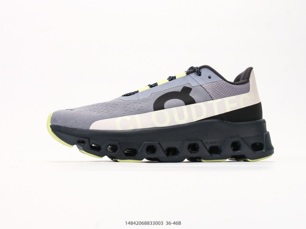 On Cloudmonster Grey Black Neon Yellow Low-Top Running Shoe view