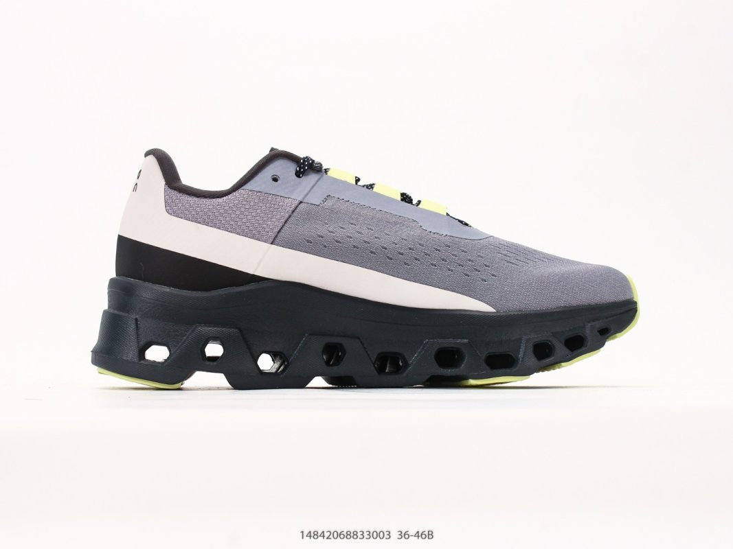 On Cloudmonster Grey Black Neon Yellow Low-Top Running Shoe view