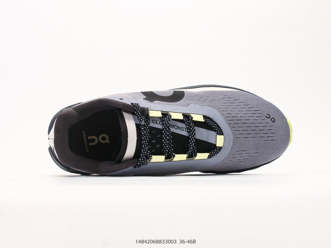 On Cloudmonster Grey Black Neon Yellow Low-Top Running Shoe view
