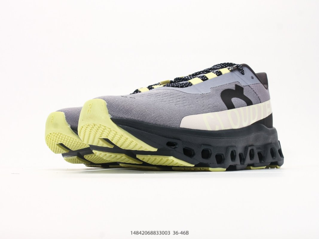 On Cloudmonster Grey Black Neon Yellow Low-Top Running Shoe view