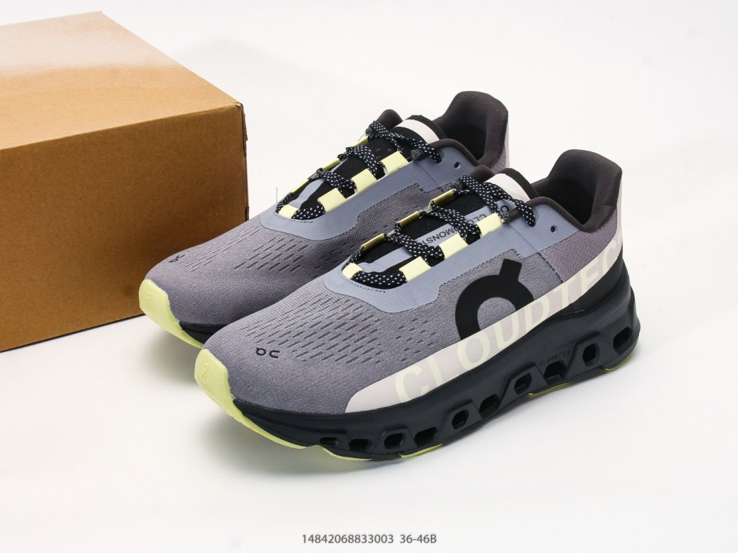 On Cloudmonster Grey Black Neon Yellow Low-Top Running Shoe view