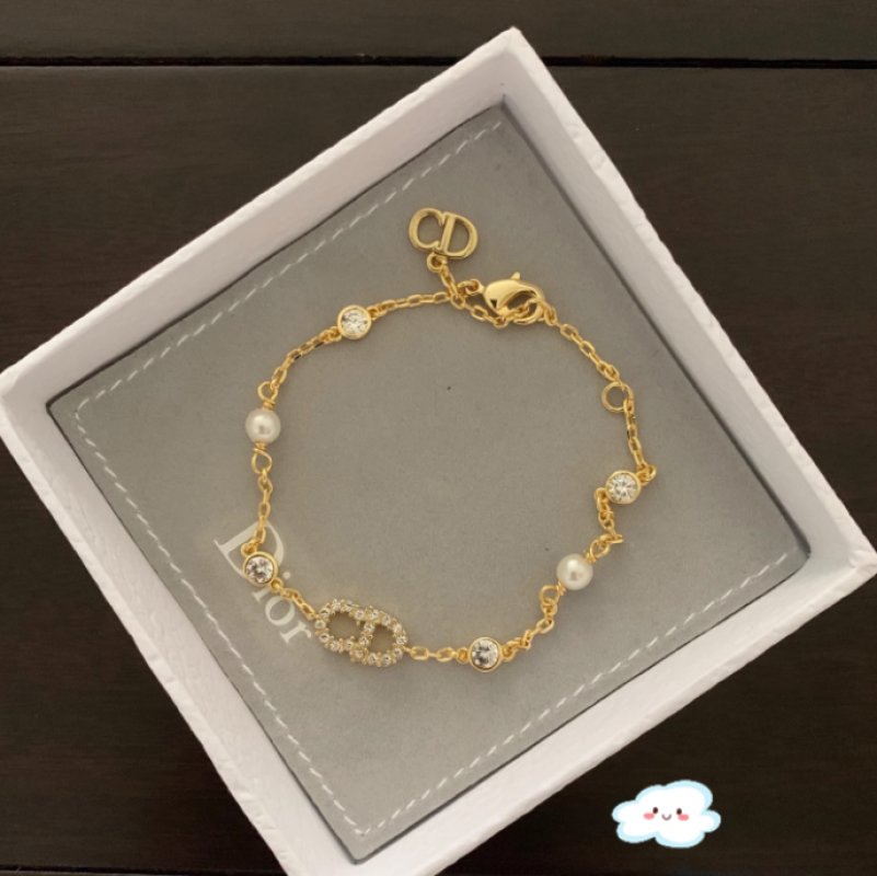 Dior CD Letter Pearl Crystal Chain Bracelet Gold