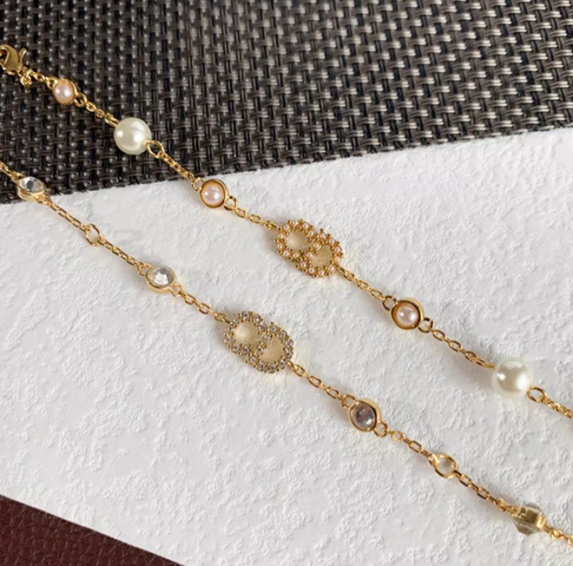Dior CD Letter Pearl Crystal Chain Bracelet Gold view