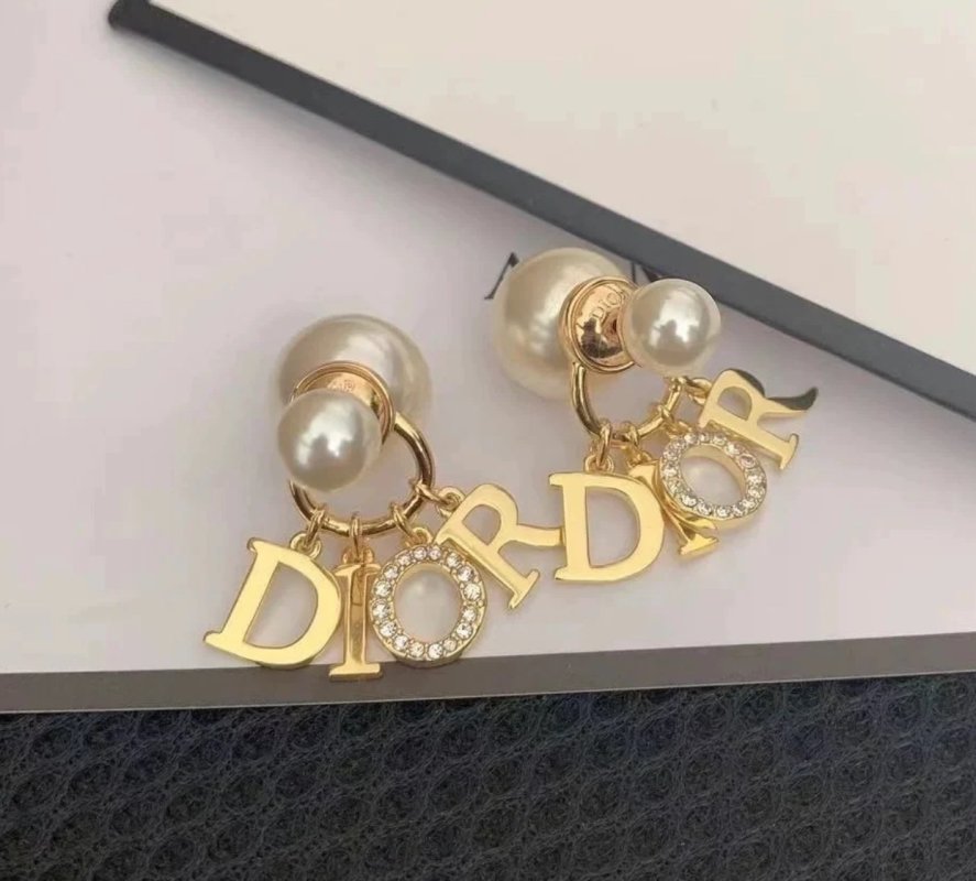 Dior Pearl Letter D Drop Earrings Gold Tone