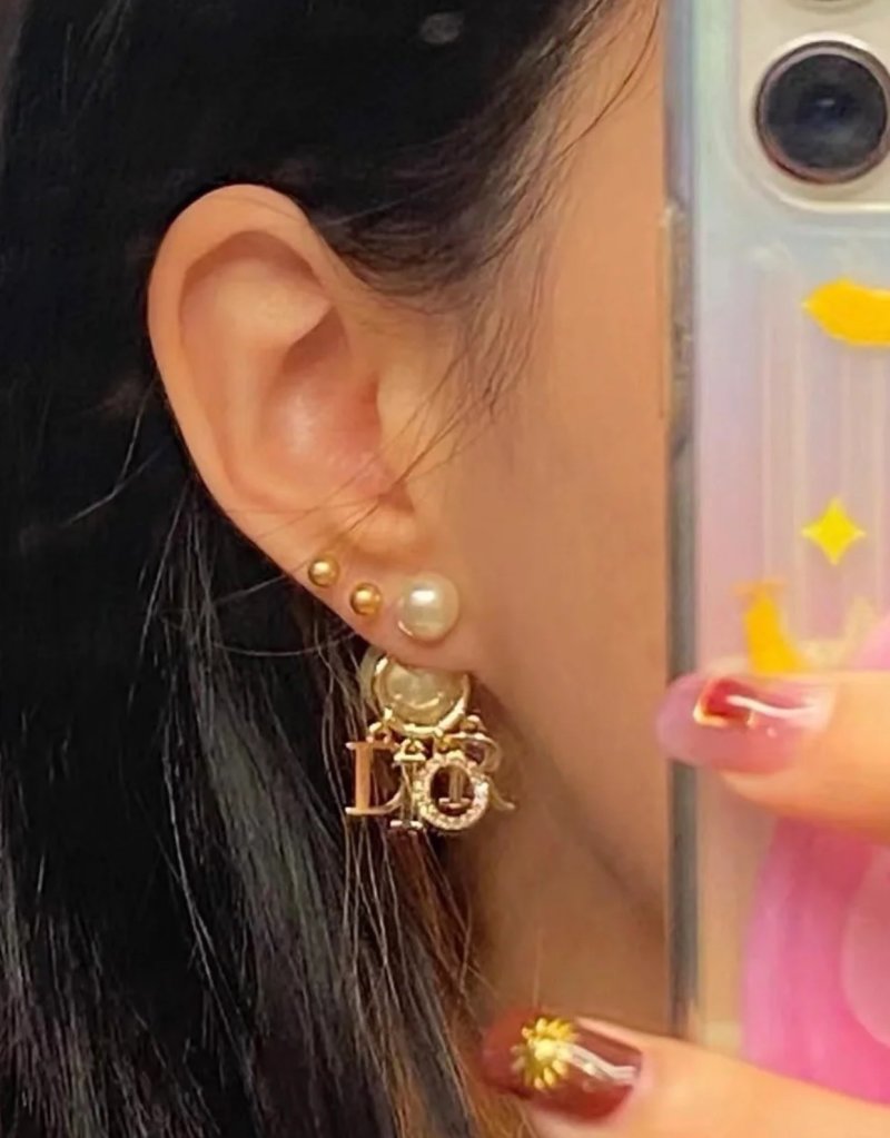 Dior Pearl Letter D Drop Earrings Gold Tone view