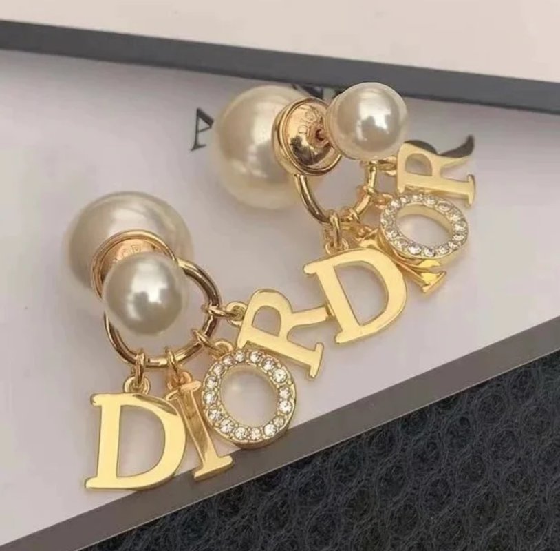 Dior Pearl Letter D Drop Earrings Gold Tone view