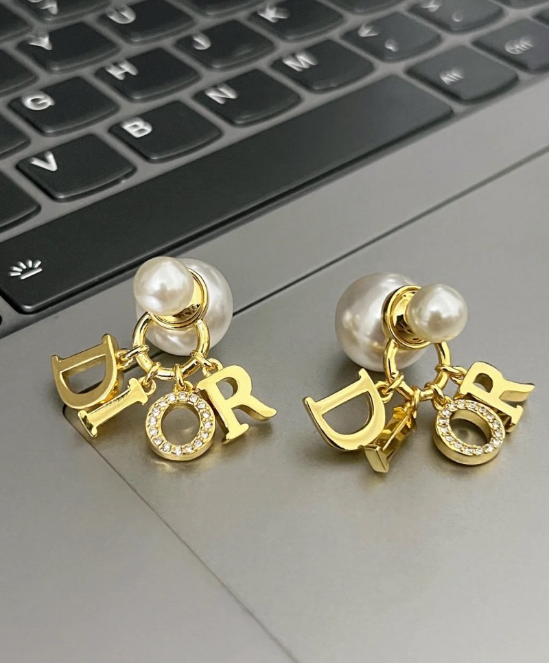 Dior Pearl Letter D Drop Earrings Gold Tone view