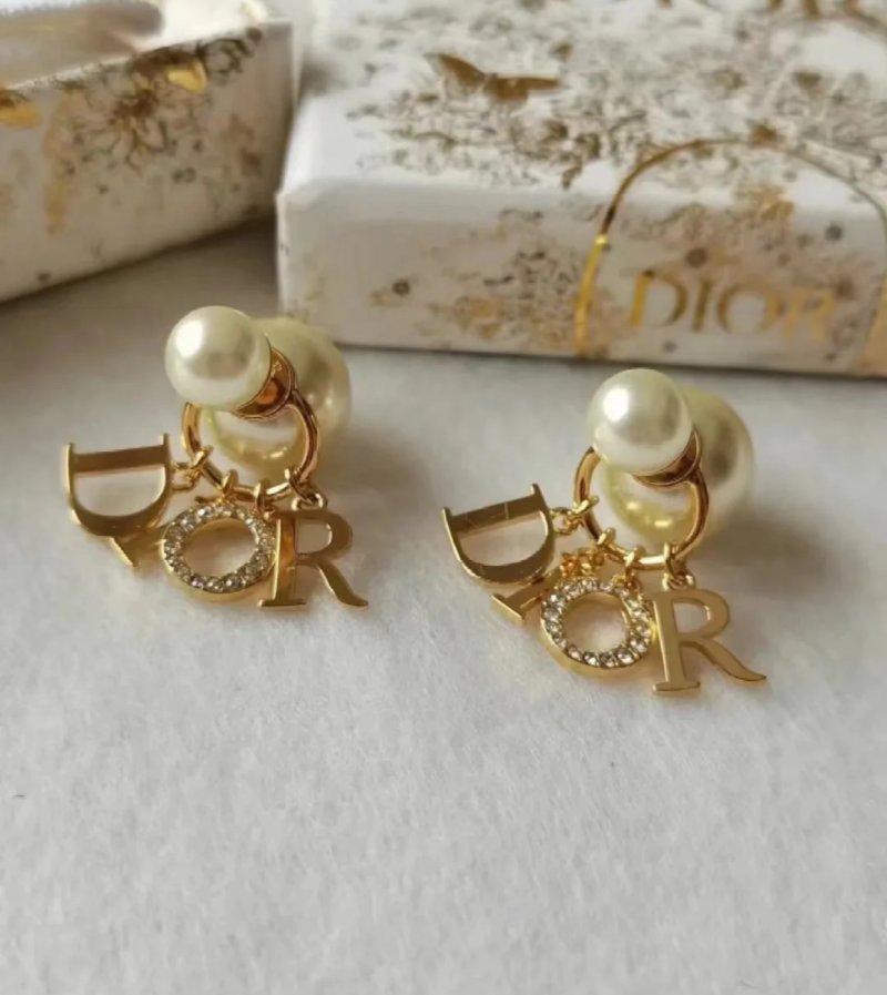 Dior Pearl Letter D Drop Earrings Gold Tone view