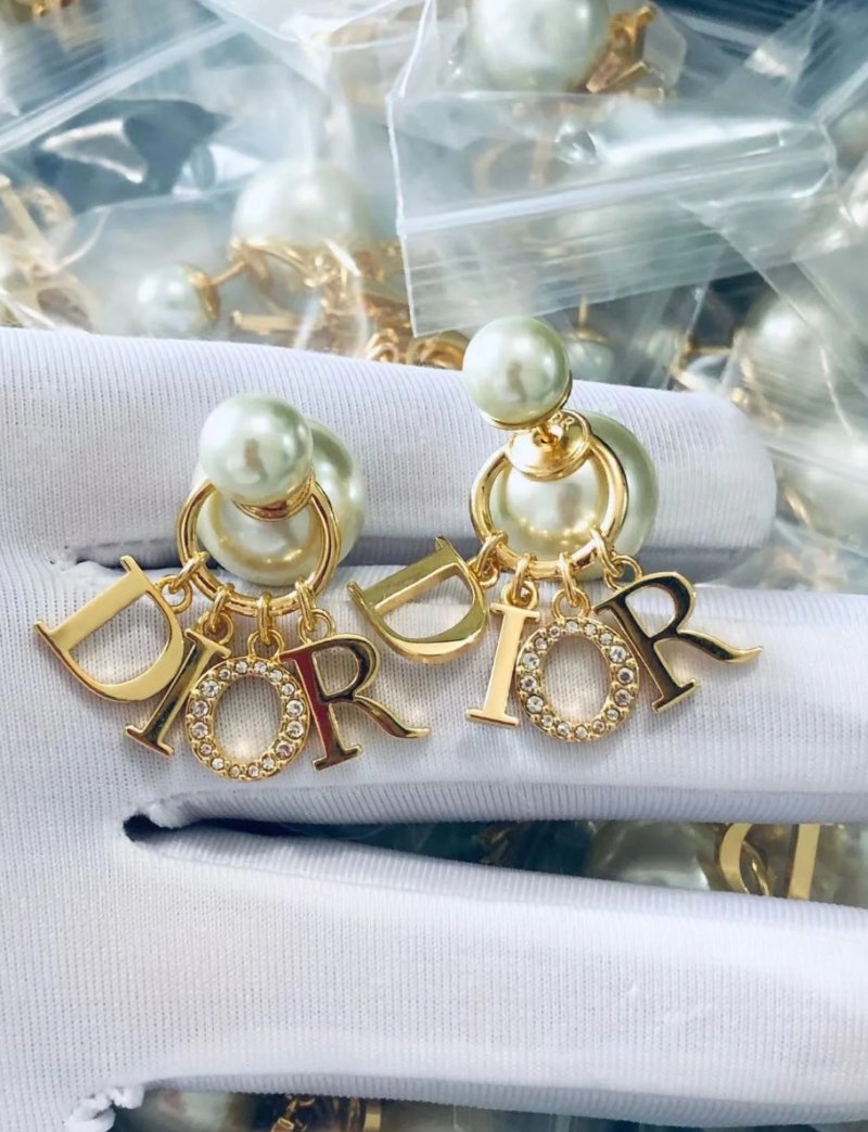 Dior Pearl Letter D Drop Earrings Gold Tone view