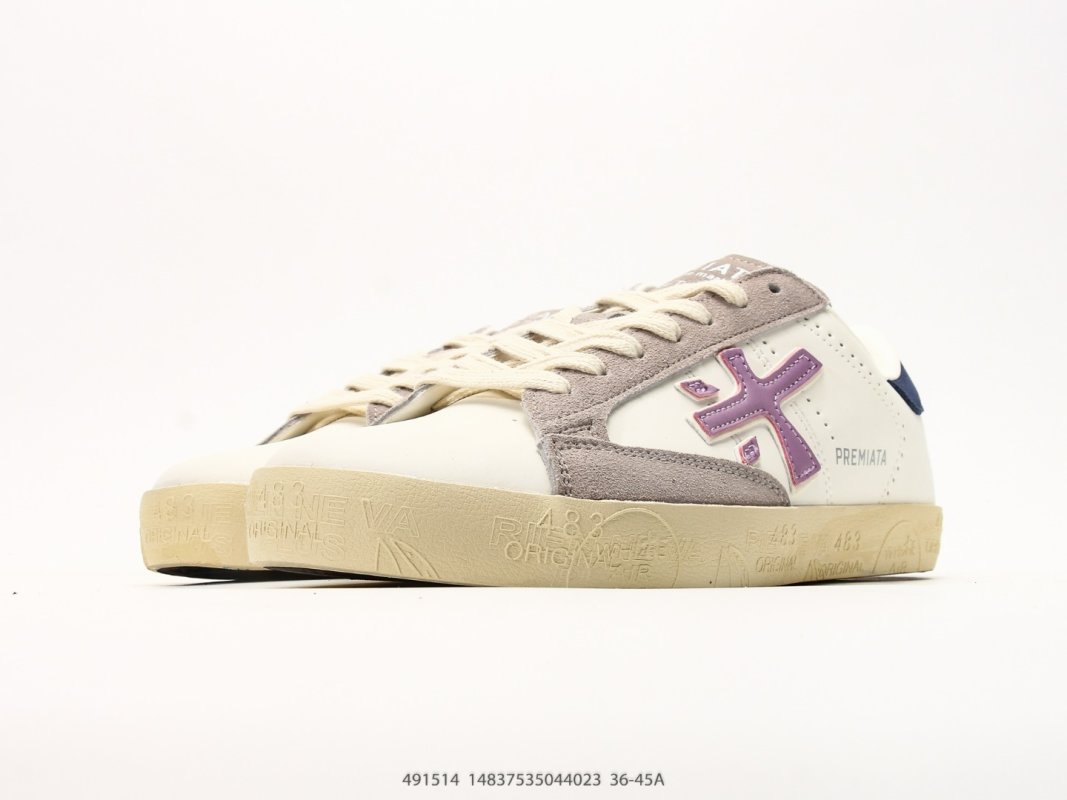 Premiata Steven PU Low Top Casual Sneaker Cream Purple view