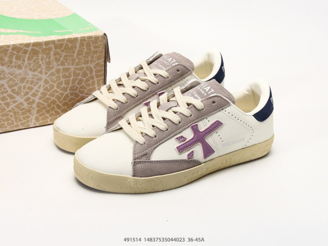 Premiata Steven PU Low Top Casual Sneaker Cream Purple view