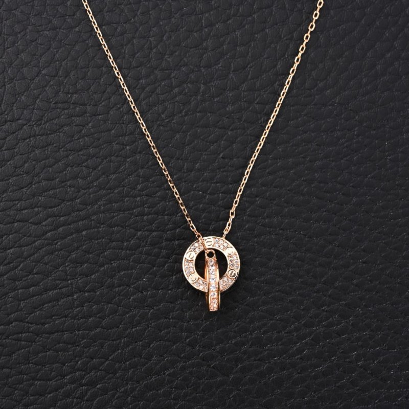 Cartier Love Double Ring Full Diamond Necklace Rose Gold view