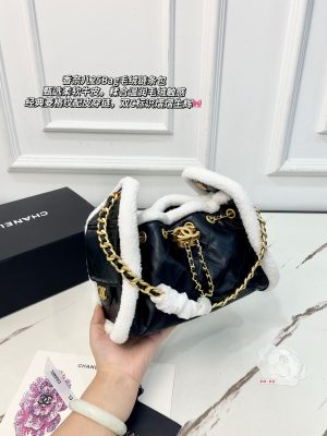 Chanel 25 Bag Shearling Chain Flap Black and White 23x10x15 view 2