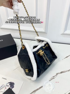 Chanel 25 Bag Shearling Chain Flap Black and White 23x10x15 view 3