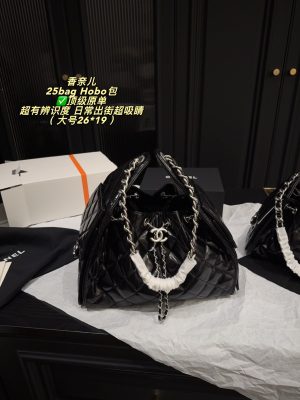 Chanel 25C Hobo Bag Black Wax Leather Chain Large 26x19 view 3