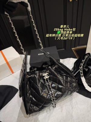 Chanel 25C Hobo Bag Black Wax Leather Chain Large 26x19 view 4