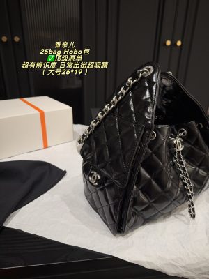 Chanel 25C Hobo Bag Black Wax Leather Chain Large 26x19 view 6