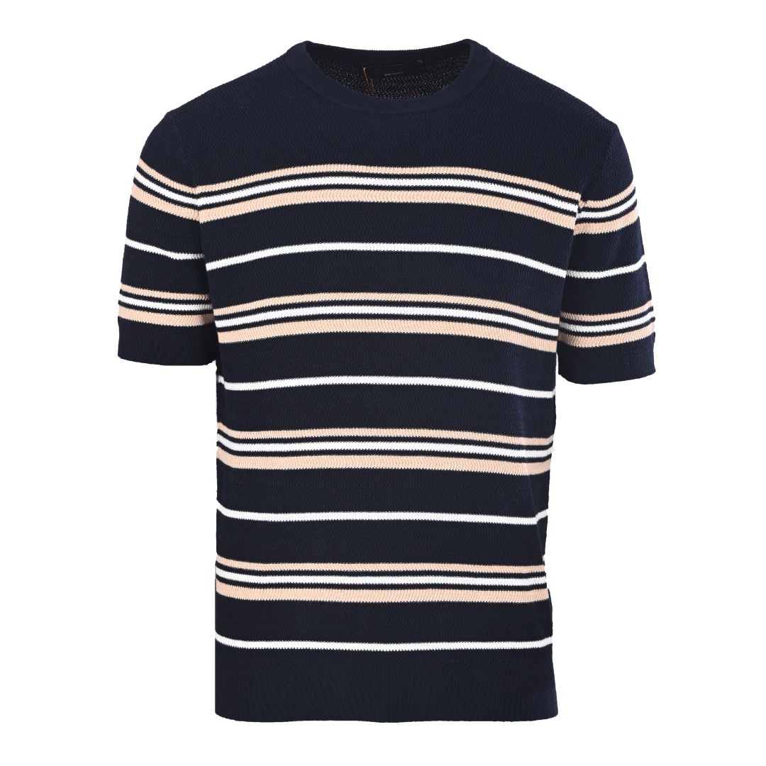 Loro Piana Striped Wool-Lyocell Knit T-Shirt Navy