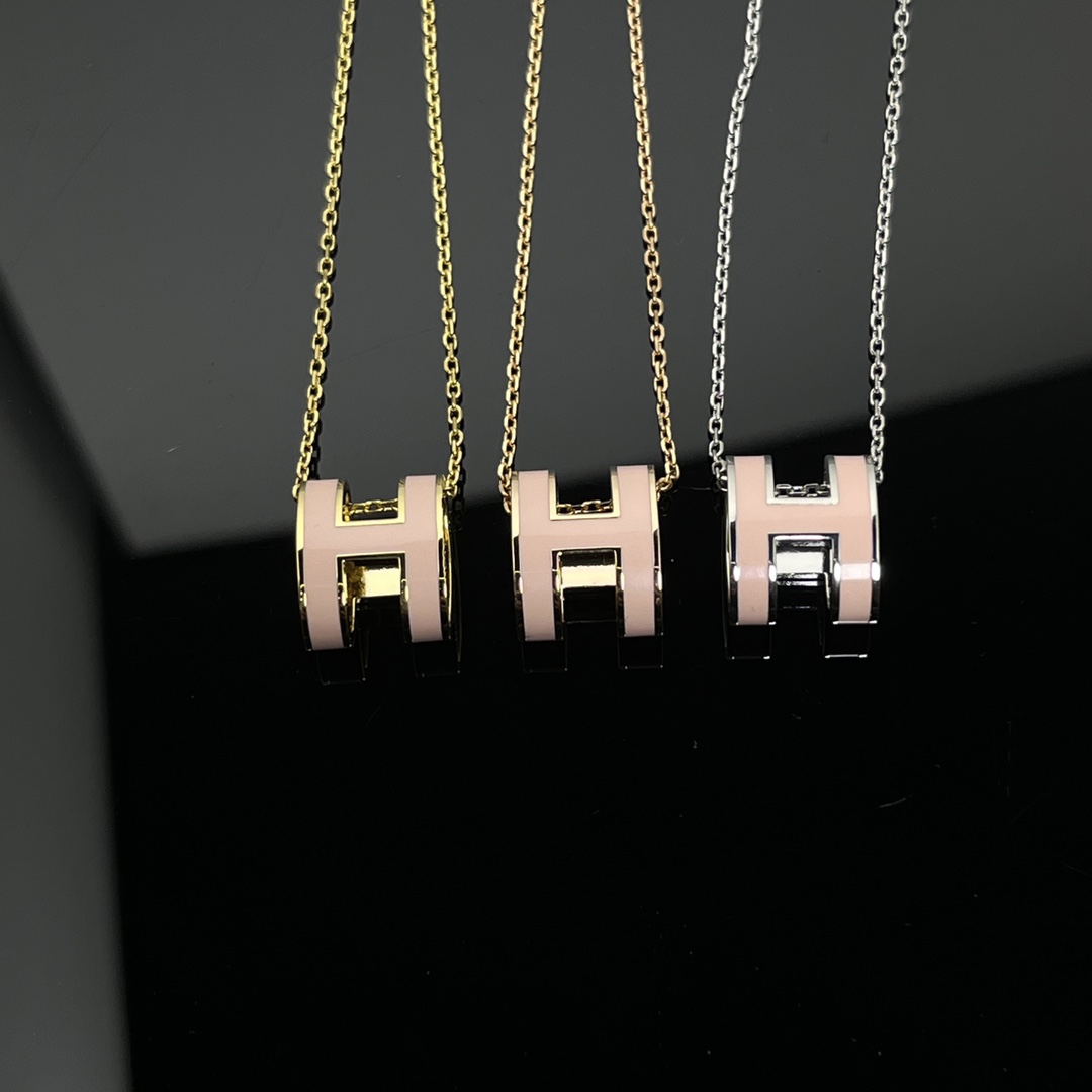 Hermes H Logo Necklace Large Pink (1-023)