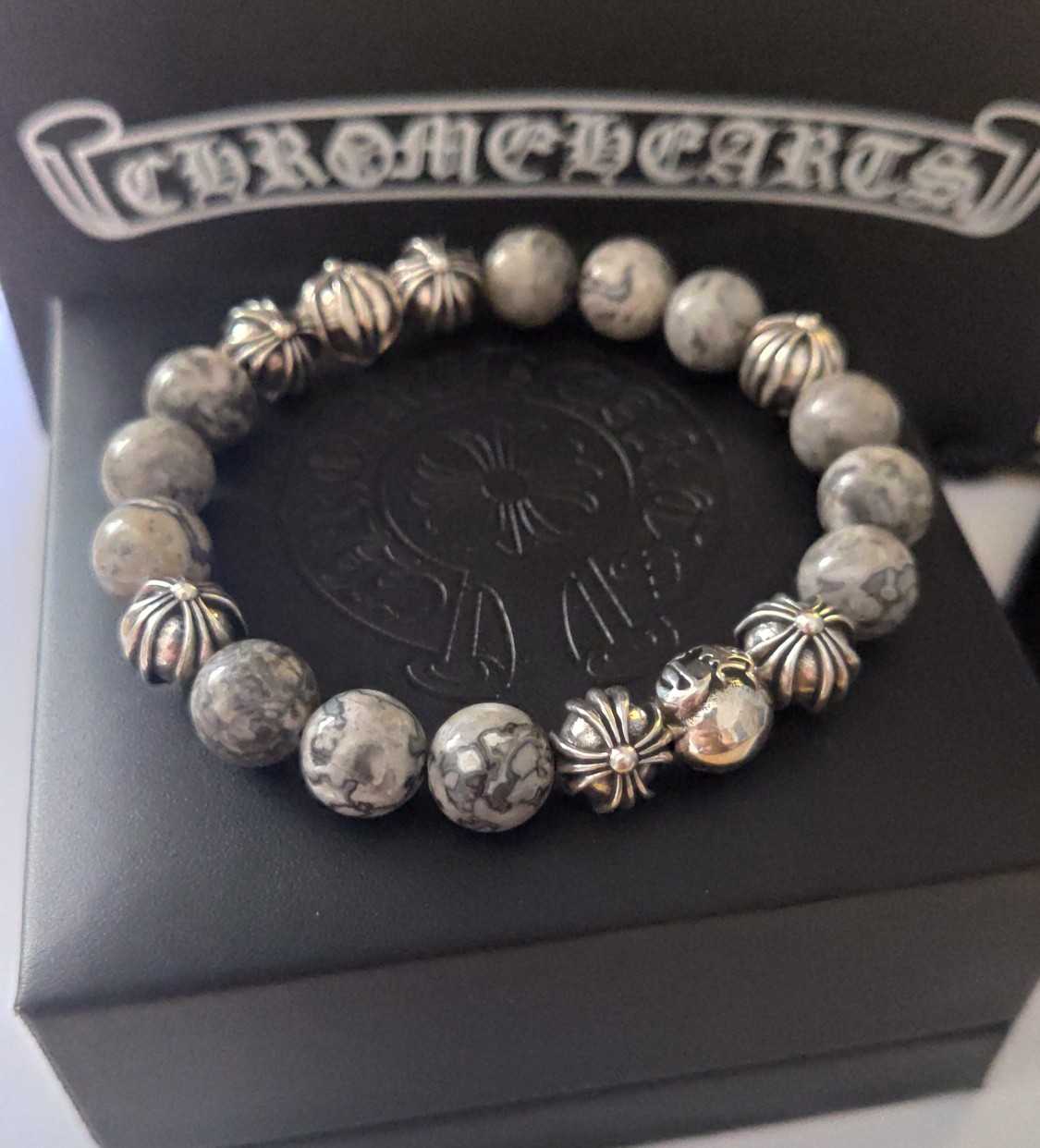 Chrome Hearts 8-Bead Cross Flower Silver and Obsidian Bracelet