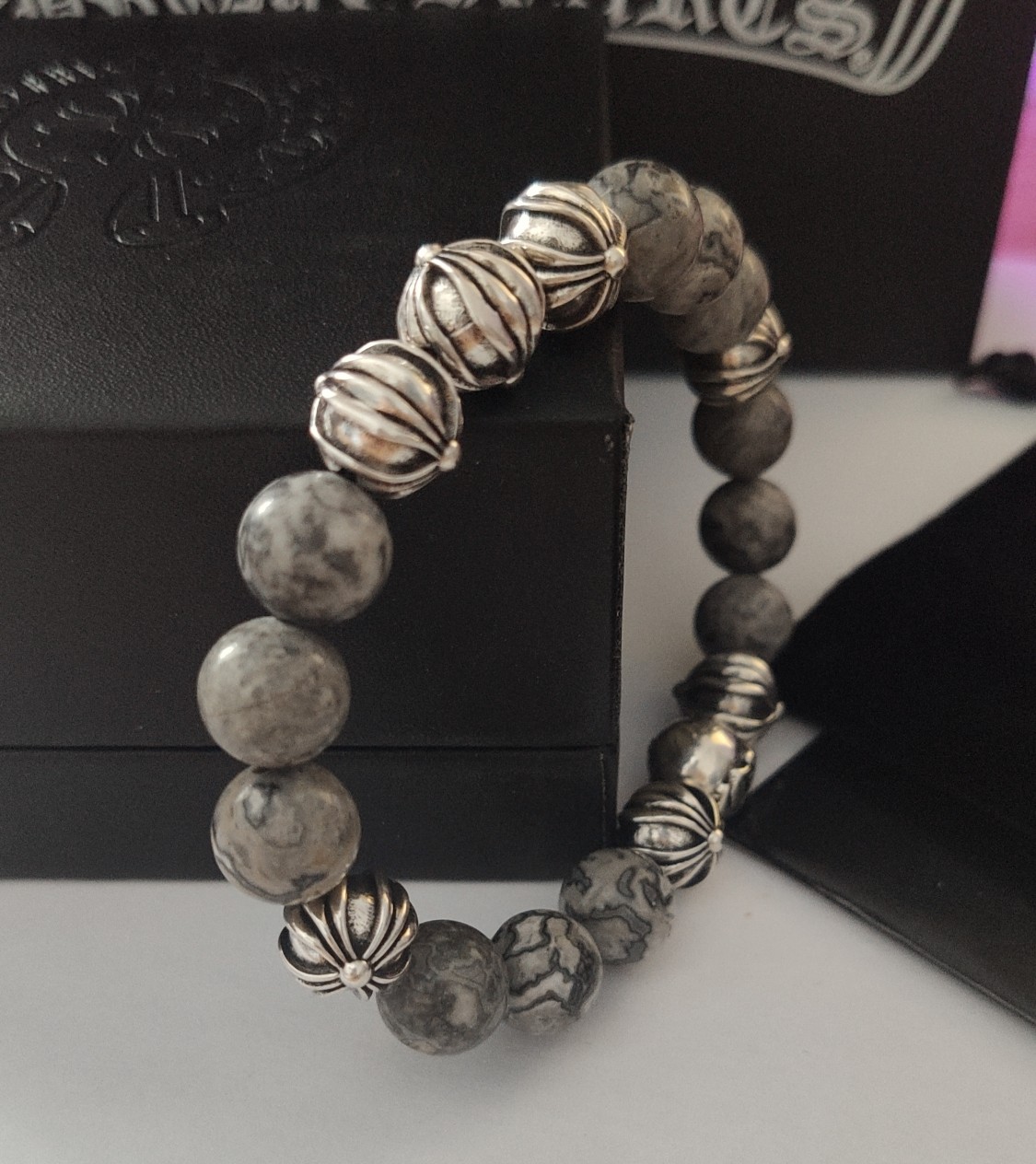 Chrome Hearts 8-Bead Cross Flower Silver and Obsidian Bracelet view