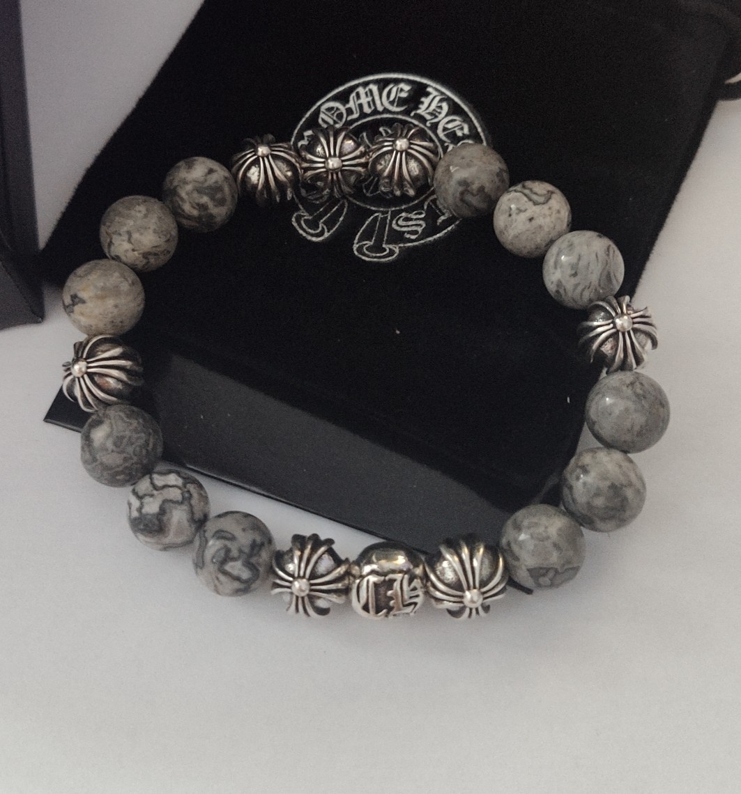 Chrome Hearts 8-Bead Cross Flower Silver and Obsidian Bracelet view