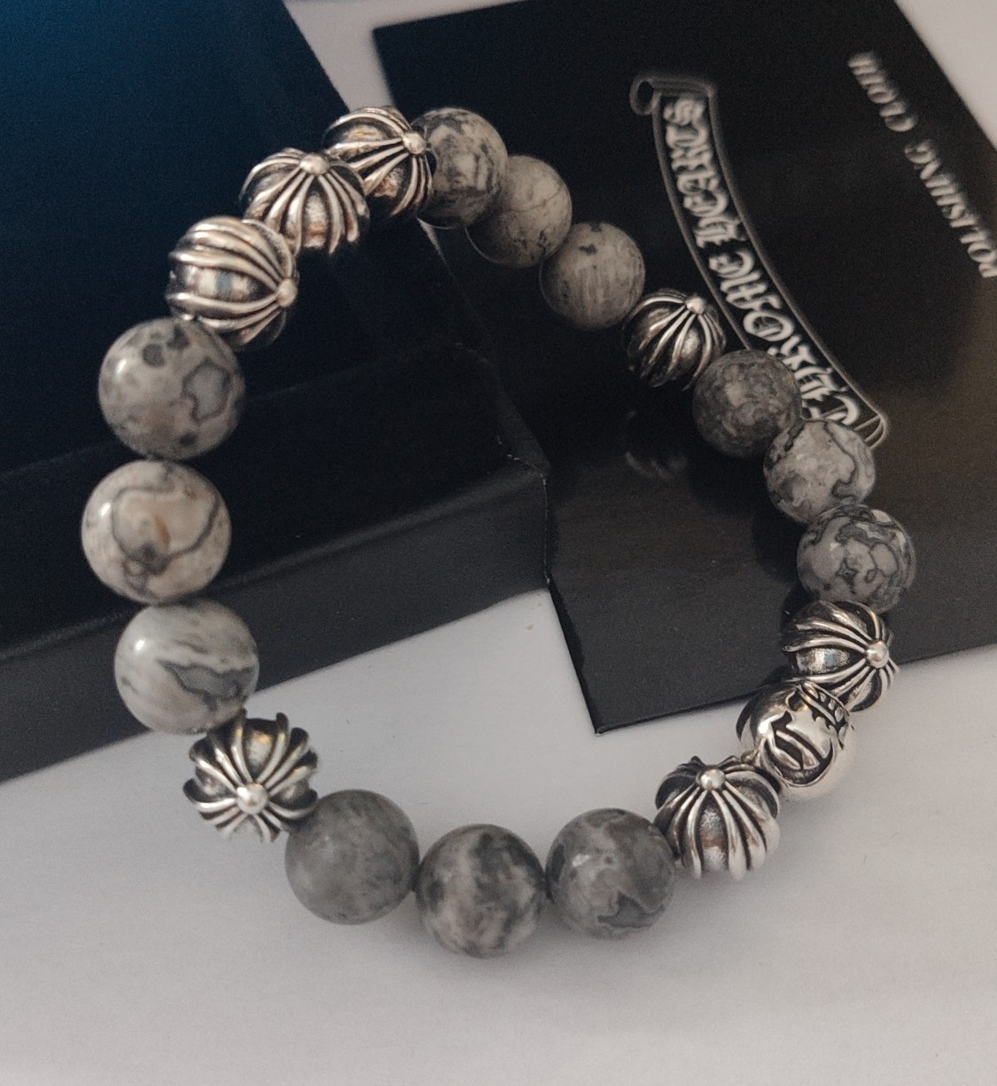Chrome Hearts 8-Bead Cross Flower Silver and Obsidian Bracelet view