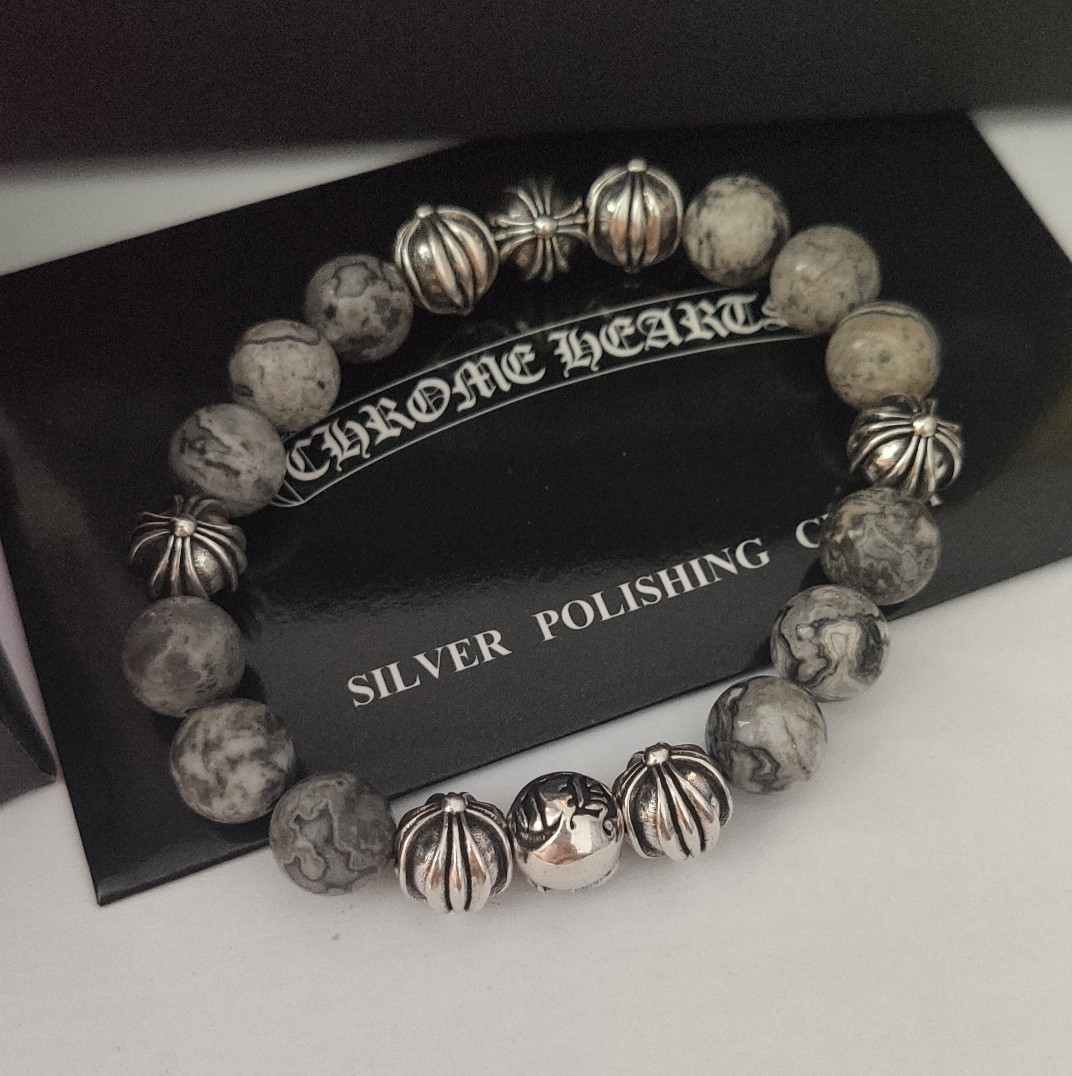 Chrome Hearts 8-Bead Cross Flower Silver and Obsidian Bracelet view
