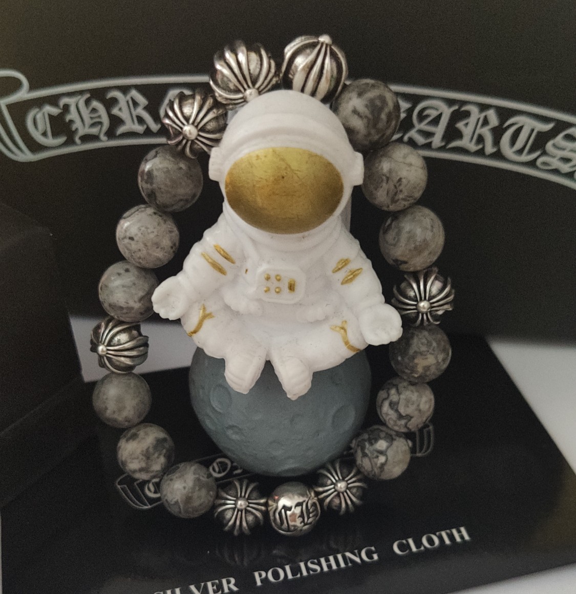 Chrome Hearts 8-Bead Cross Flower Silver and Obsidian Bracelet view